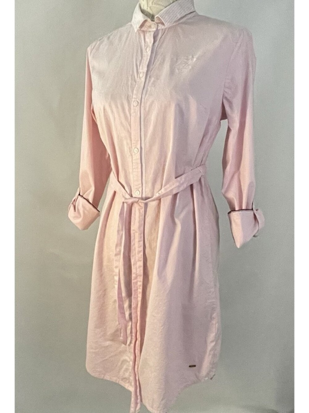 Tommy Hilfiger Pink Shirt Dress Medium Belted Roll Tab Sleeve Cotton Preppy Logo